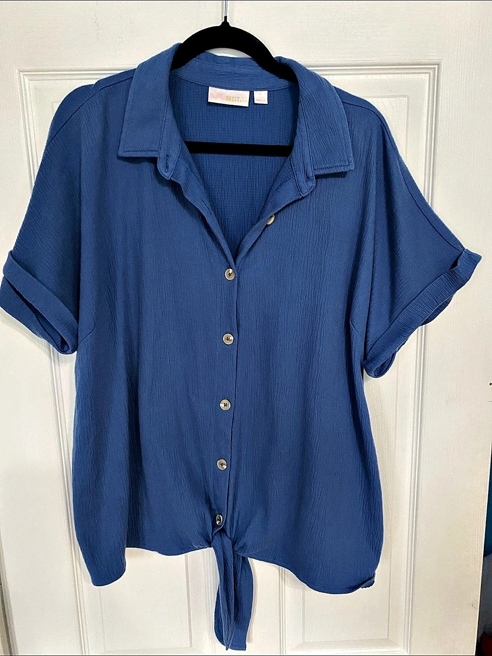Belle Kim Gravel Blue Tie-Front Button Down Size XL great conditio